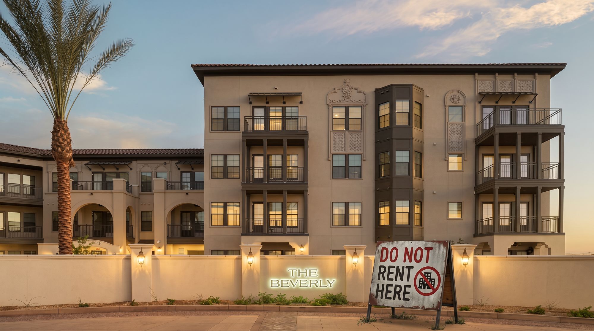 Illustration: The Beverly apartments in Scottsdale at dusk with a "Do not rent here" sign in front of the entrance wall